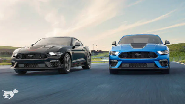 Blue 2021 Ford Mustang Mach 1 with black and white stripes