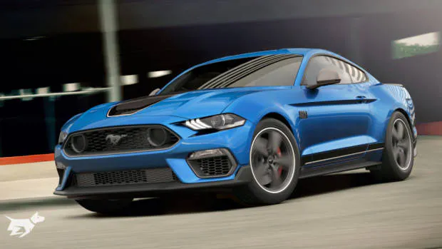 Blue 2021 Ford Mustang Mach 1 with black and white stripes