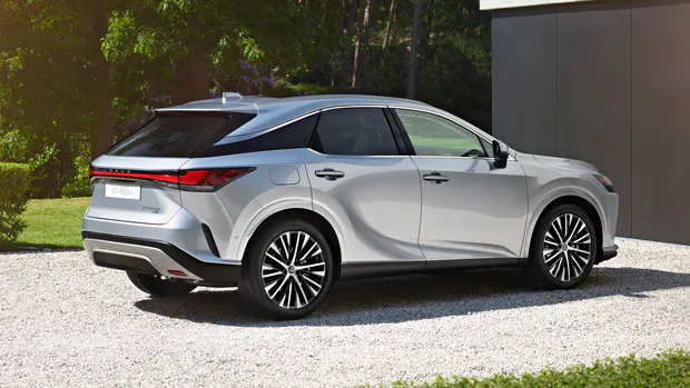 2022 Lexus RX 450h SUV blue - static rear 3/4 shot