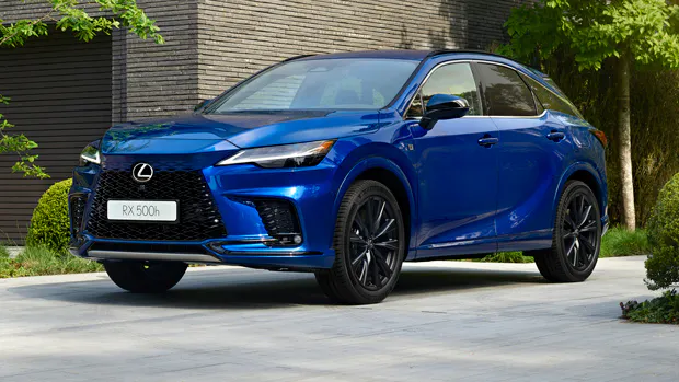 2022 Lexus RX 500h SUV blue - static front 3/4 shot