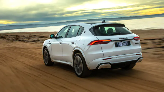 2024 Maserati Grecale Folgore rear beach driving 3/4