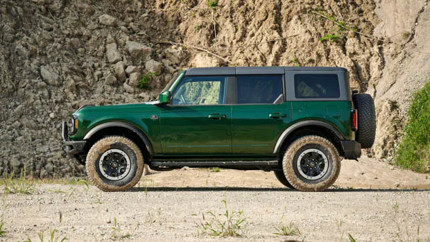 Ford Bronco 4 door green side profile static shot