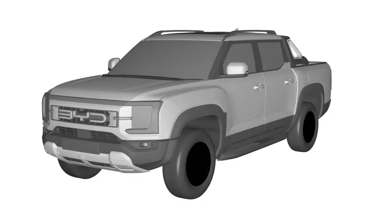 BYD ute 2024: patent images of plug-in hybrid pickup break cover in China