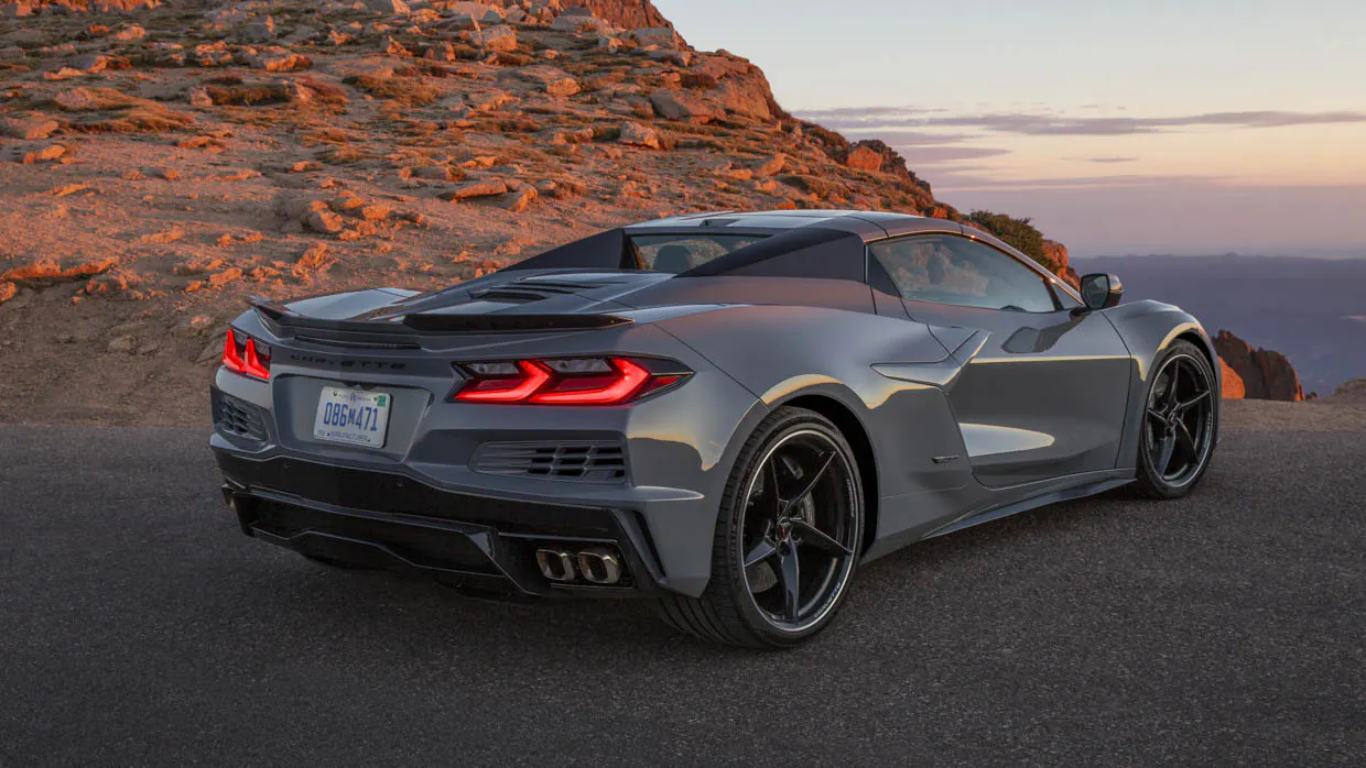 2024 Chevrolet Corvette E-Ray grey rear 3/4 static